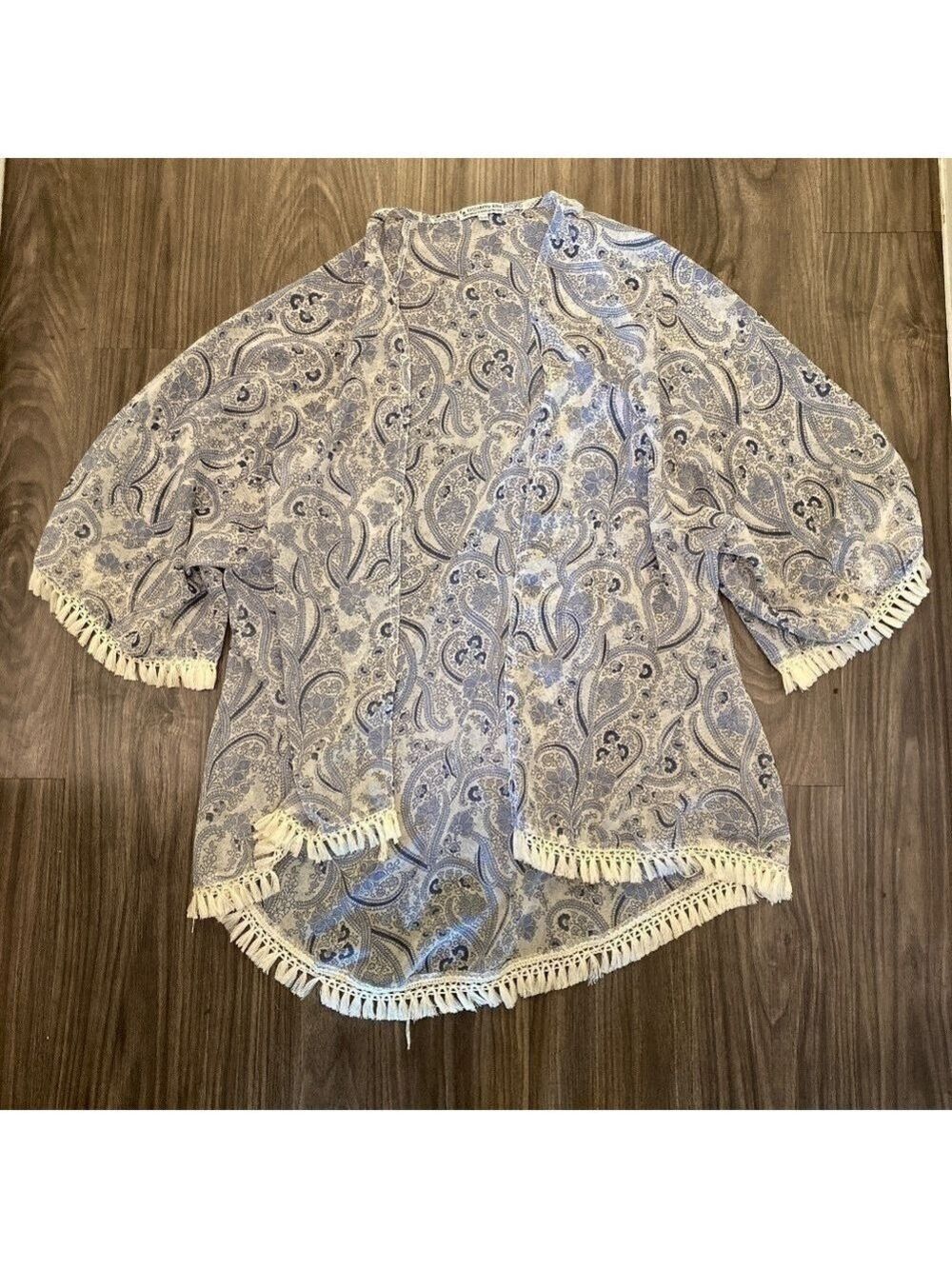 Elizabeth Koh Fringe Kimono Blue and White Paisley Print